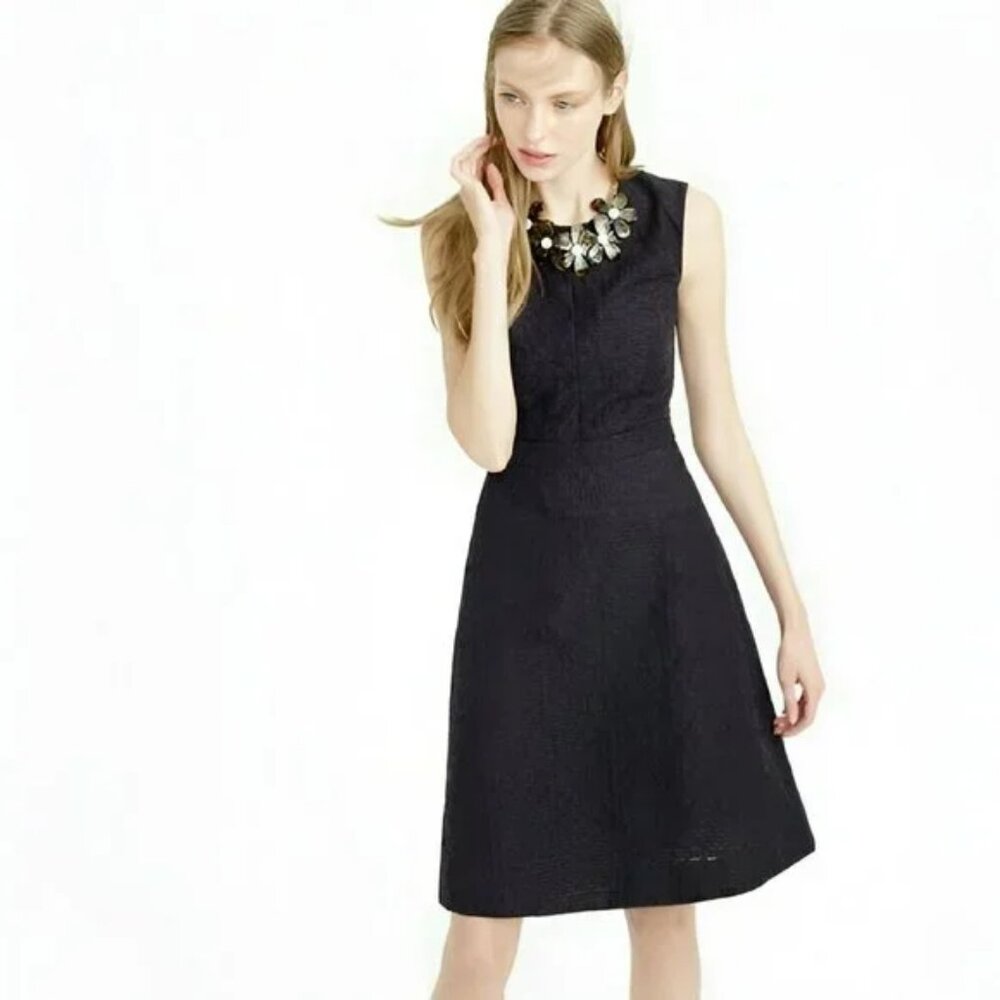 J Crew Embossed Jacquard Cotton Fit & Flare Sleeveless Midi Little Black Dress 4